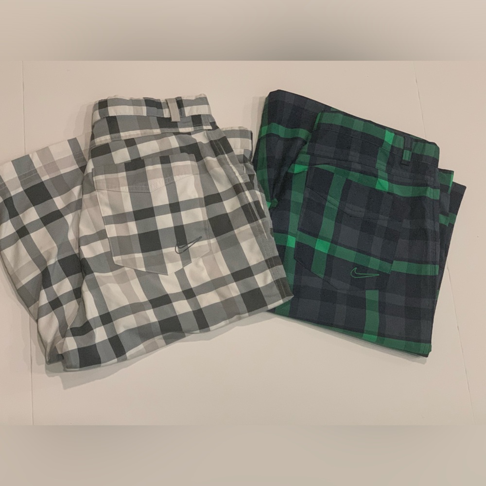2 Pairs Youth NIKE Plaid Green / Blue and White / Black Golf Shorts Dri-Fit  XL